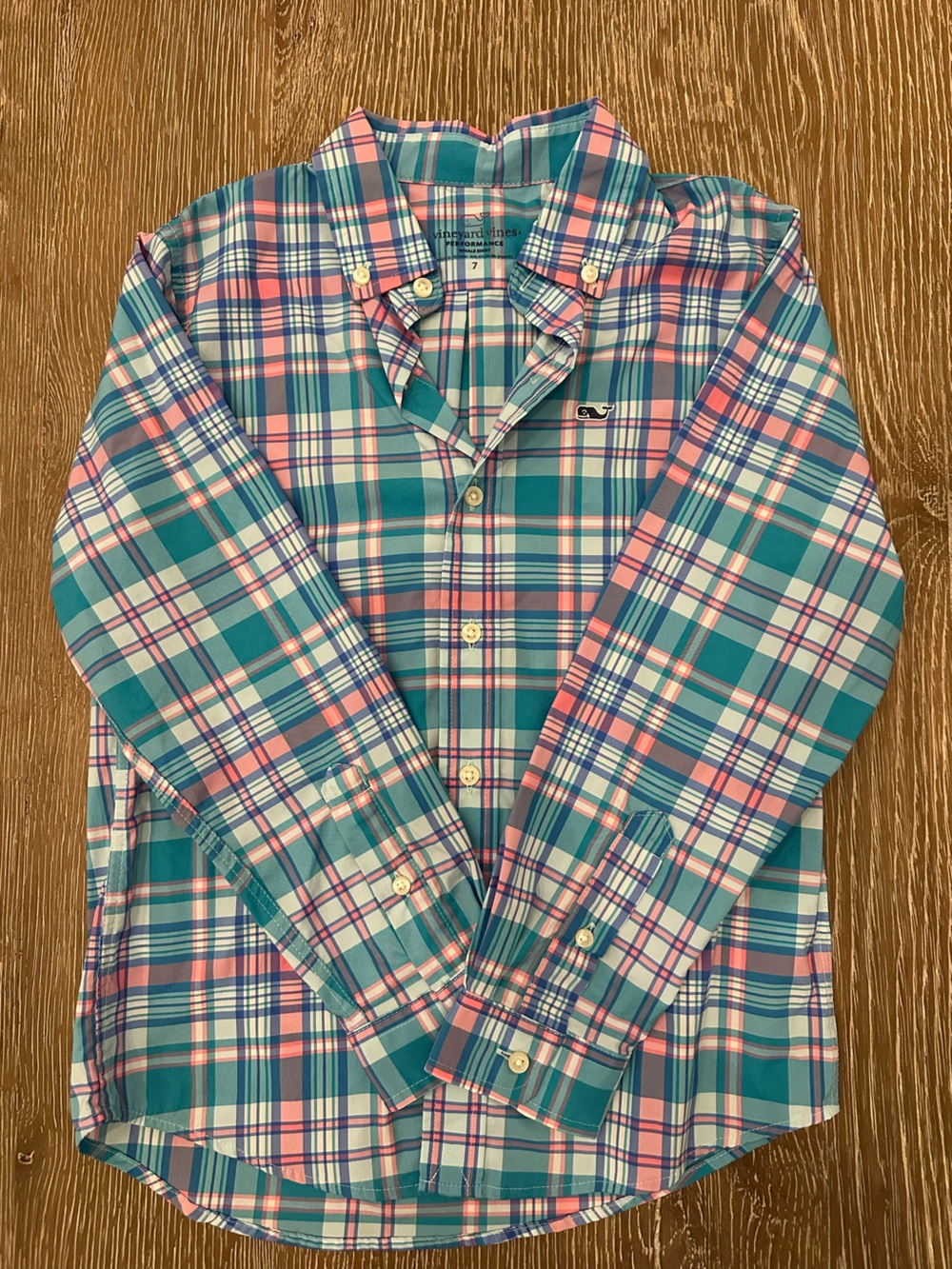 Boy’s Vineyard Vines Teal and Pink Plaid Button Down - Performance Fabric